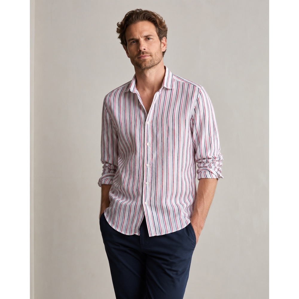 Frank & Eileen Finbar Linen Blend Striped Button Down Shirt Red White Men's Lg